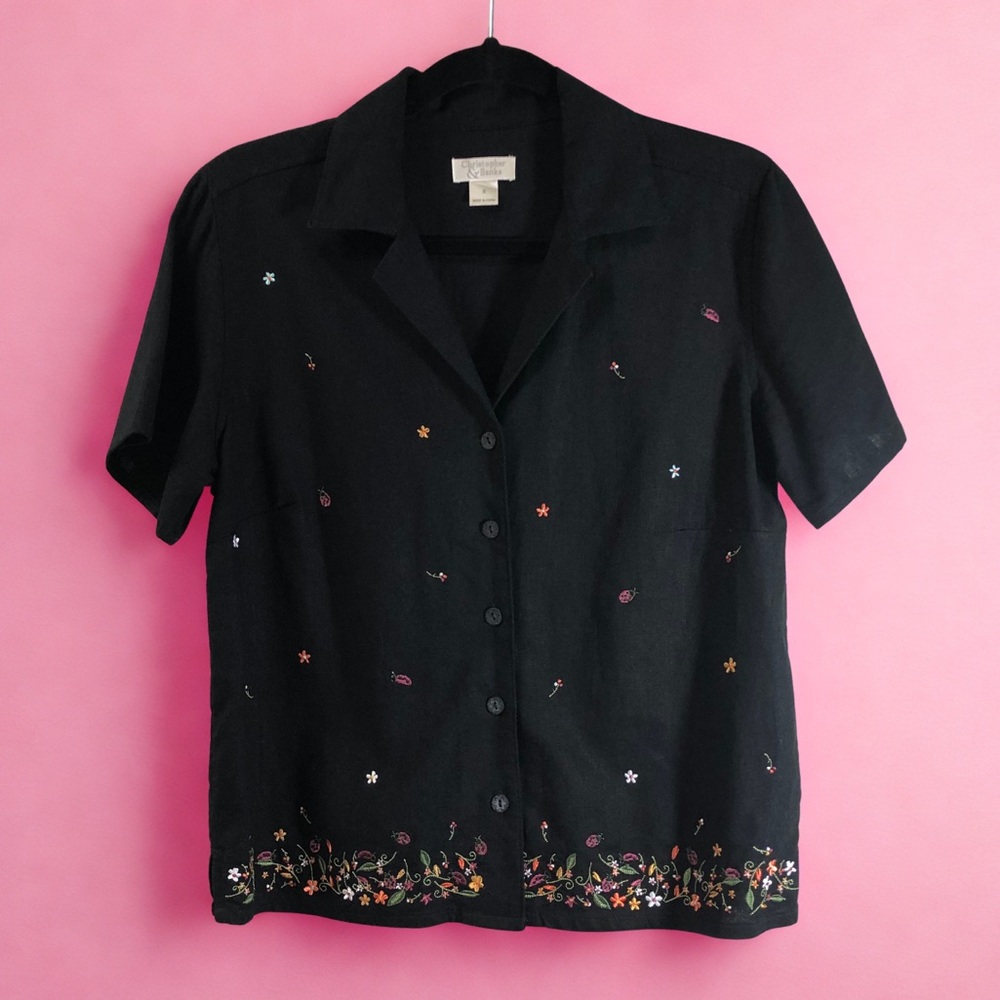 Floral Girly Cottagecore Vintage 2000’s Embroidered Linen Blend Button Up Top S